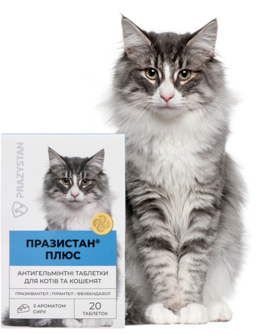 Антигельмінтні таблетки для котів з ароматом сиру Празистан+ в упаковці 20 таблеток